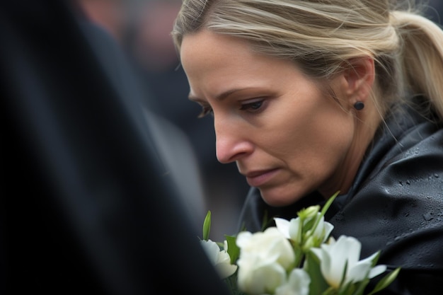 Foto porträt einer traurigen frau mit einem begräbnisblumenstrauß