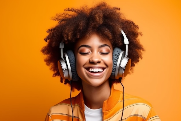 Porträt einer trendigen, sehr schönen afroamerikanischen jungen Frau mit Kopfhörern, die Musik hört
