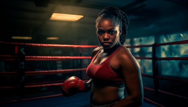 Porträt einer übergewichtigen Afroamerikanerin mit Boxhandschuhen im Fitnessstudio vor dunklem Hintergrund