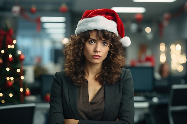 Porträt einer verärgerten, ernsthaften Büroangestellten in rotem Weihnachtsmannshut bei der Arbeit am Weihnachten