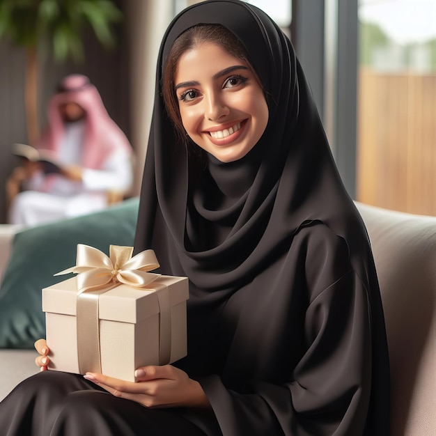 Foto porträt einer verschleierten saudisch-arabischen frau aus dem golf, die eine schwarze abaya trägt und einen mango-saft in der hand hält