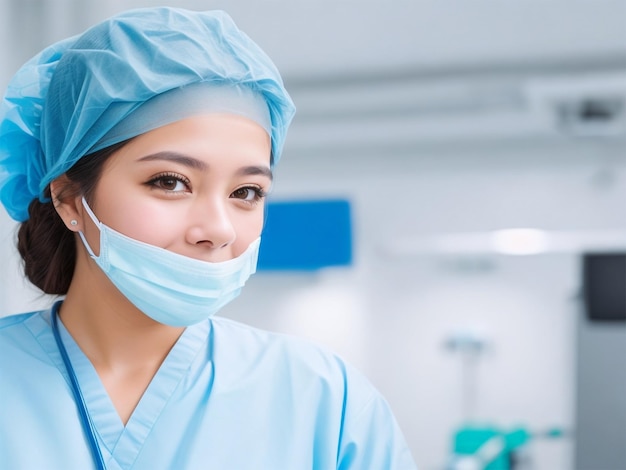 Porträt einer weiblichen Krankenschwester, eines Chirurgen oder eines Mitarbeiters, gekleidet in eine chirurgische Kittelmaske
