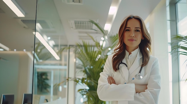 Porträt einer weiblichen Ärztin in einem weißen Mantel, die im Büro steht