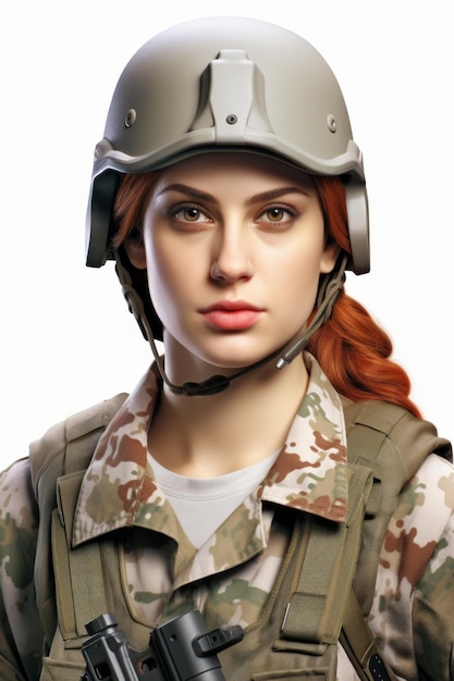 Foto porträt einer weiblichen soldatin mit militärhelm und tarnuniform