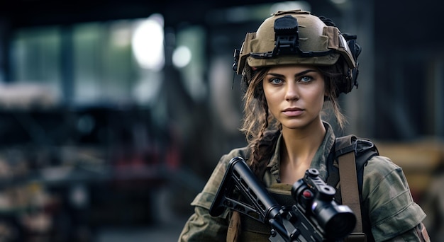 Porträt einer weiblichen Swat-Mitarbeiterin mit einem Gewehr vor einem verlassenen Gebäude