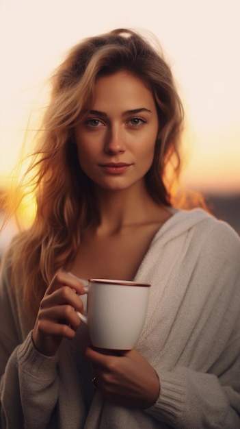 Porträt einer weißen Frau, die eine Tasse heißen Kaffee vor dem Hintergrund des Sonnenaufgangs am Morgen hält