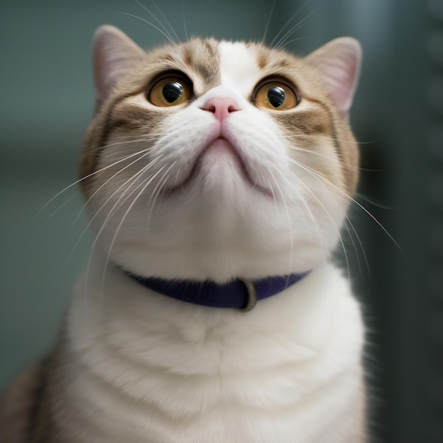 Porträt einer weißen Katze mit einem blauen Halsband um den Hals