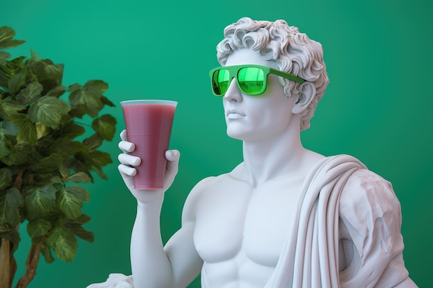 Porträt einer weißen Skulptur von Apollo mit grüner Brille und einem Getränk in der Hand