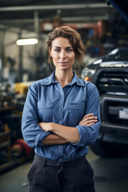 Porträt einer Werkstattbesitzerin, die selbstbewusst in ihrer Garage steht. KI-generativ