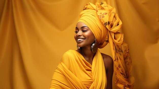Foto porträt einer wunderschönen afrikanischen frau mit einem gelben turban