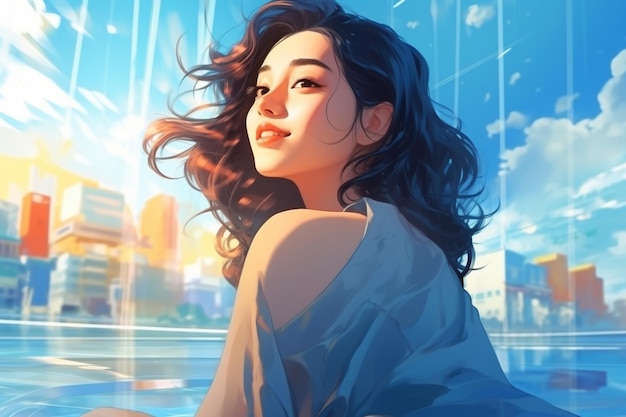 Porträt einer wunderschönen jungen asiatischen Frau, die sich im Außenpool mit Blick auf die Stadt entspannt