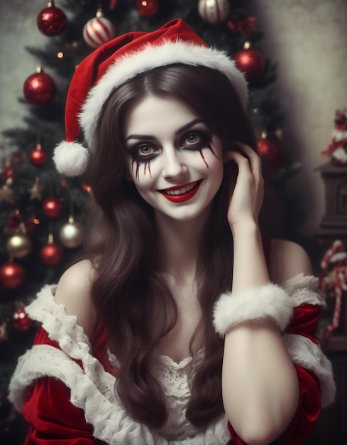 Porträt einer wunderschönen jungen Frau in Weihnachtsmannskleidung vor dem Hintergrund von Weihnachten