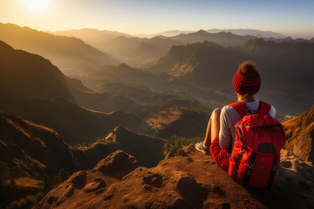 Porträt einer zufriedenen Touristin, die sich an der Bergspitze erfreut