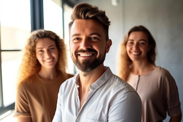 Porträt eines 30-jährigen selbstbewussten Unternehmer-Arbeiterteams, das lächelnd in der Nähe der Fenster in der weißen und hellen Coworking-Gruppe Generative AI posiert