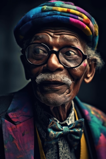 Porträt eines älteren afrikanischen Mannes mit Brille und Hut mit emotionaler Gesichtsgenerativer KI