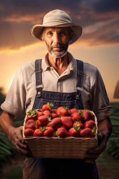 Porträt eines älteren Bauern, der einen Korb mit frischen Erdbeeren auf seinem Bauernhof hält