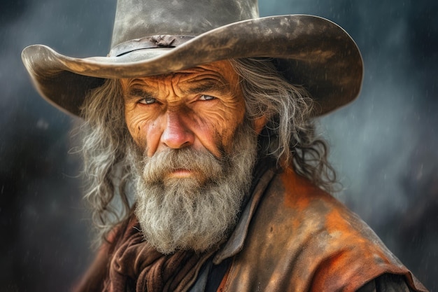 Porträt eines älteren kaukasischen Cowboys mit Hut und Bart, erstellt mit generativer KI-Technologie