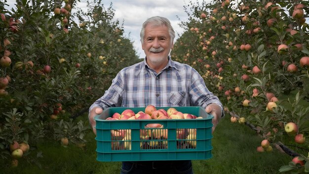 Foto porträt eines älteren mannes, der eine kiste voller äpfel im obstgarten hält