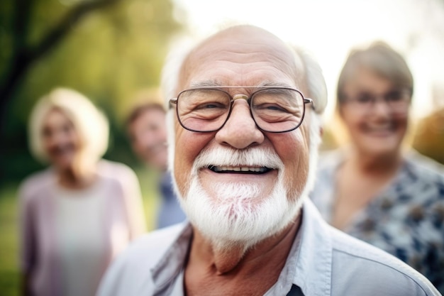 Porträt eines älteren Mannes, der einen Tag im Freien mit Freunden genießt, erstellt mit generativer KI