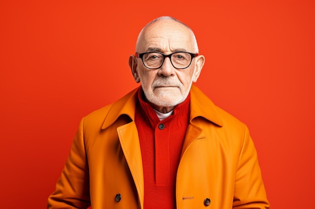 Porträt eines älteren Mannes in orangefarbenem Mantel und Brille auf rotem Hintergrund