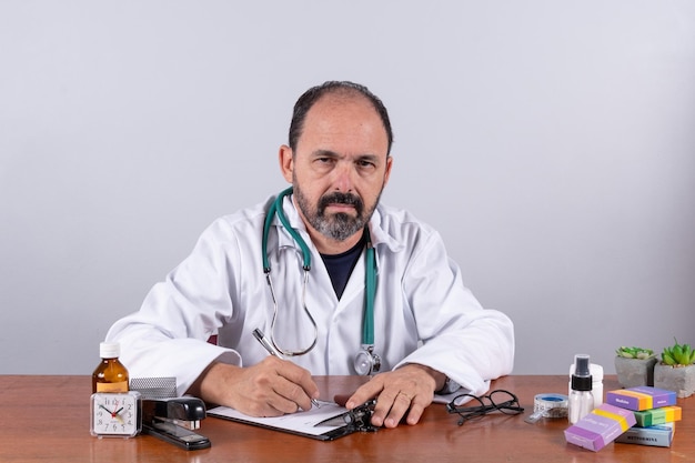 Porträt eines älteren, reifen Arztes, angenehmer Fachmann im weißen Kittel, der am Tisch sitzt
