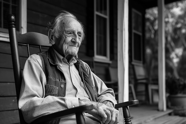 Foto porträt eines älteren, traurigen mannes, rentner im ruhestand, im stuhl auf der veranda des hauses. generative ki