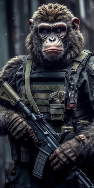 Porträt eines Affen in militärischer taktischer Uniform und Waffenkonzept von Monkey Soldiers