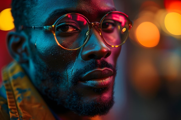 Porträt eines afrikanischen amerikanischen Mannes in Sonnenbrille, isoliert auf Neon-Hintergrund