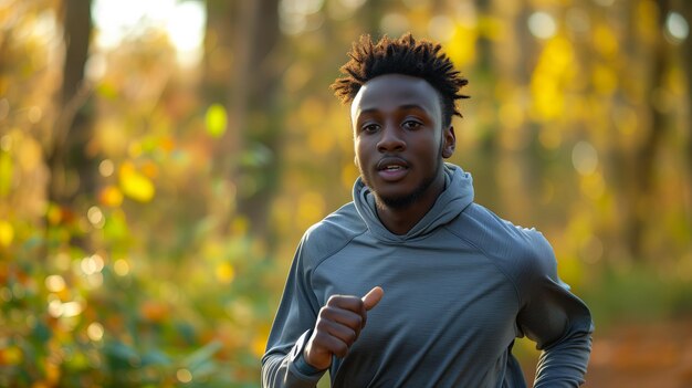 Porträt eines afrikanischen Mannes in Fitnessbekleidung, der in einem Park läuft. Nahaufnahme eines lächelnden Mannes, der läuft. Mann, der im Park joggt.