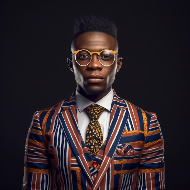Porträt eines afrikanischen Unternehmers mit gestreiften Gesichtszügen, der einen 03-teiligen Anzug trägt