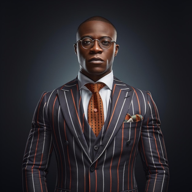 Porträt eines afrikanischen Unternehmers mit gestreiften Gesichtszügen, der einen 03-teiligen Anzug trägt