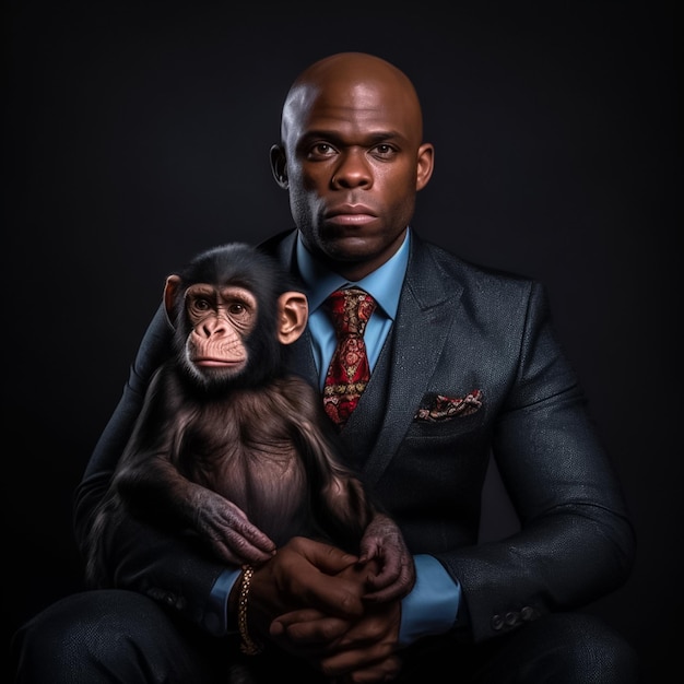 Porträt eines afrikanischen Unternehmers mit Schimpansengesicht, der einen 03-teiligen Anzug trägt