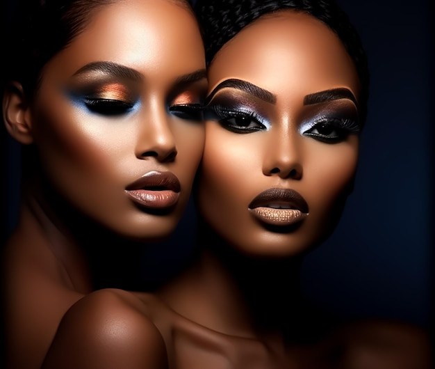 Porträt eines Afro-Models. Gesicht in voller Make-up-Kunst, Mode, heißes, attraktives Gesicht, dunkle Haut