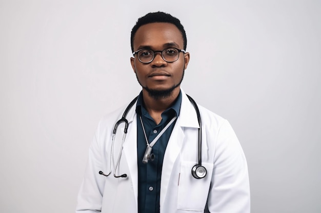 Porträt eines afroamerikanischen Arztes, der vor grauem Hintergrund in die Kamera blickt