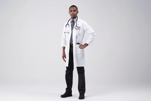 Porträt eines afroamerikanischen Arztes, der vor grauem Hintergrund in die Kamera blickt