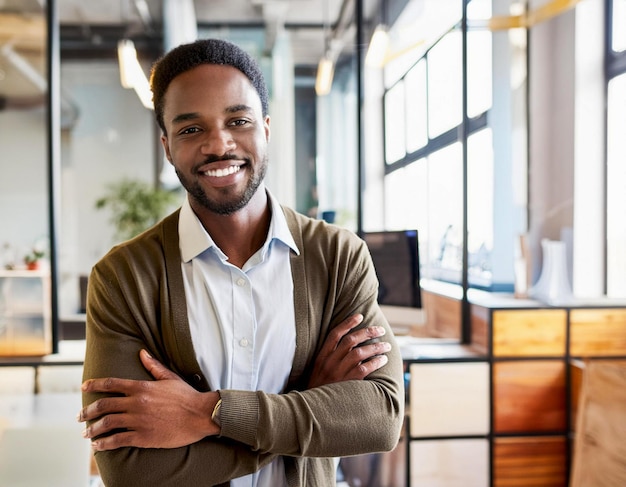 Porträt eines afroamerikanischen Geschäftsmanns in einem Coworking-Büro mit gekreuzten Armen wie ein Anführer