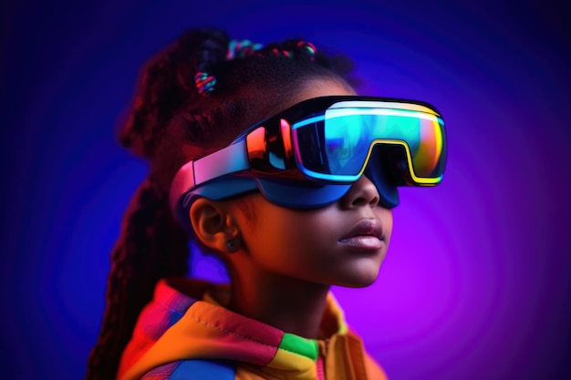 Porträt eines afroamerikanischen Kindes mit Virtual-Reality-Headset. Lebendige Farben und neonleuchtendes HMD auf dem Gesicht von Mädchen. Generiert mit KI