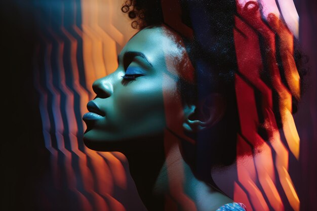 Porträt eines afroamerikanischen Mädchens mit geschlossenen Augen, tief in Gedanken versunken, farbenfroher Hintergrund