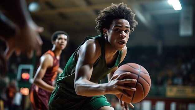 Porträt eines afroamerikanischen Mannes, der in der Sportarena Basketball spielt