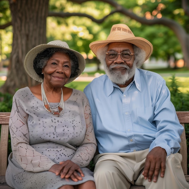 Foto porträt eines afroamerikanischen seniorenpaares, das zusammen auf einer bank im freien im park sitzt