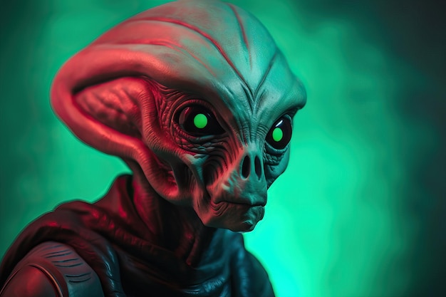 Porträt eines Aliens im Kostüm auf farbigem Hintergrund AI generiert