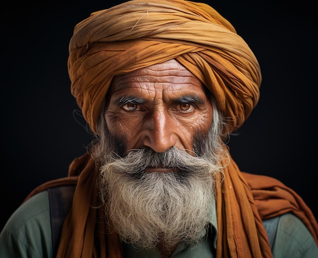 Porträt eines alten bärtigen indischen Mannes in orangefarbenem Turban auf dunklem Hintergrund