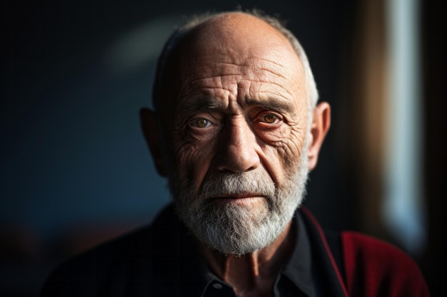 Porträt eines alten, müden, erwachsenen Mannes mit traurigen Augen auf dunklem Hintergrund