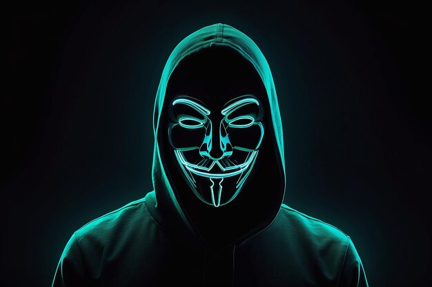 Porträt eines anonymen Männerhackers, der eine Neonmaske über dem Hintergrund eines dunklen Raumes trägt