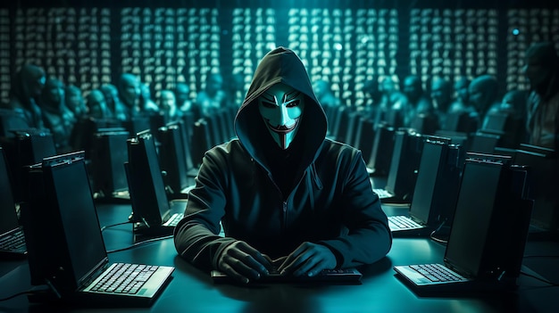 Porträt eines anonymen Roboter-Hackers Konzept der Cybersicherheitshacking