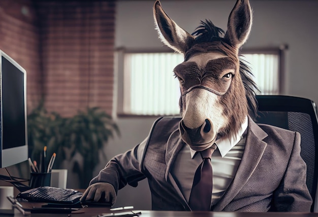 Porträt eines anthropomorphen Esels im Anzug eines Geschäftsmannes als Büroangestellter Generate Ai