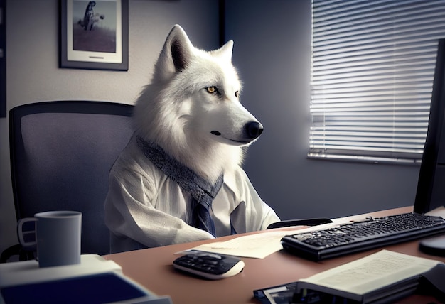 Porträt eines anthropomorphen Polarwolfs als Entwickler im Büro Generate Ai