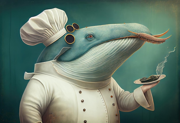 Porträt eines anthropomorphen Wals im Kostüm eines Restaurantkochs Generate Ai