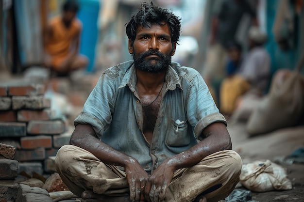Foto porträt eines armen asiatischen mannes, der sich nach einer schweren arbeit mit einem großen raum und verschwommenem hintergrund ausruht
