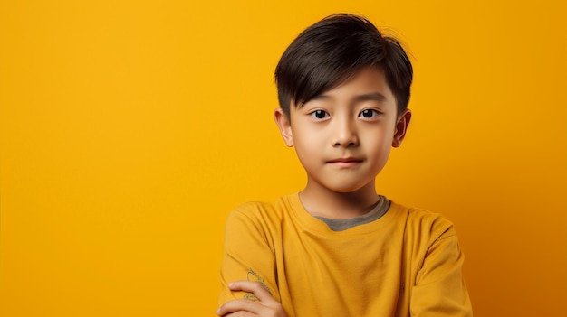 Porträt eines asiatischen Jungen, der auf einem gelben Hintergrund posiert